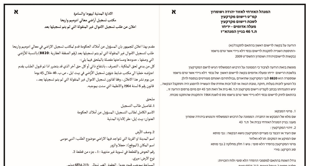  "أريج" : إسرائيل تسعى للاستحواذ على أكثر من 7000 دونم في منطقة النبي موسى 